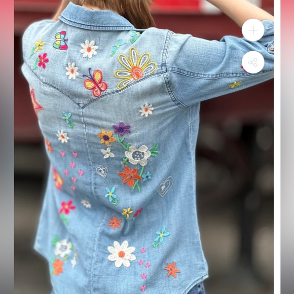 Billy T Tops - Billy T Sketchbook Embroidery Button Down Shirt in Vintage Blue